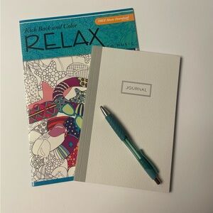 White Journal with Teal Pen and Relax Coloring Book